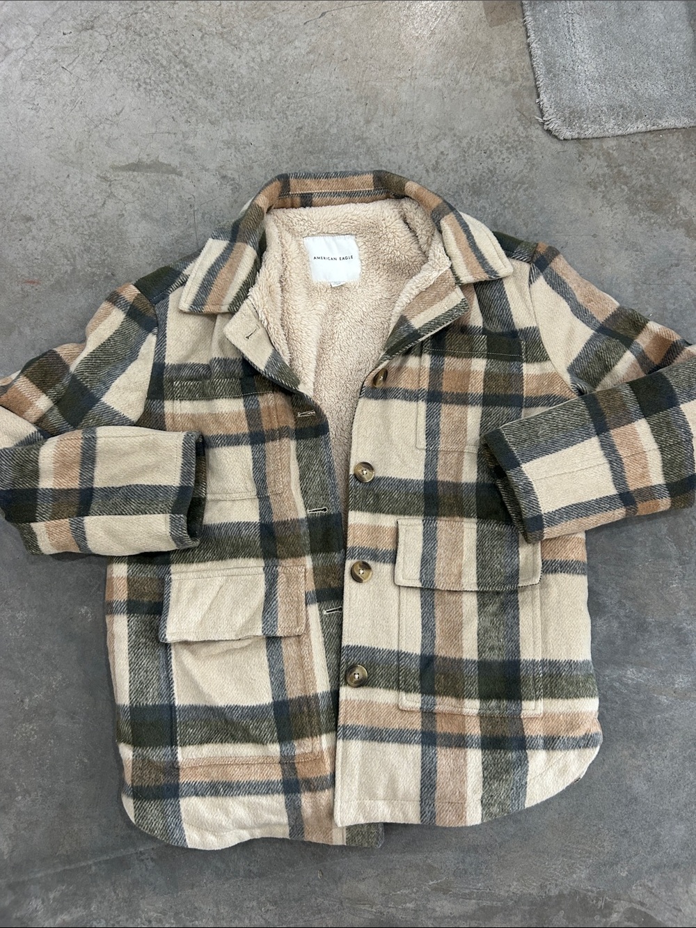 American Eagle Sherpa-Lined Plaid Shacket Jacket - Neutral Tones